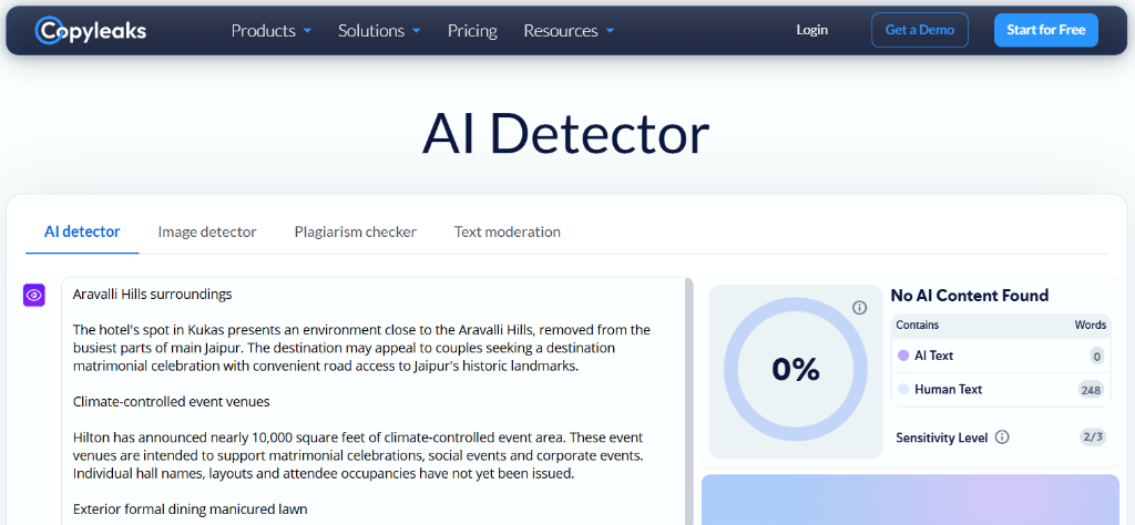 Copyleaks AI Detector Proof showing No AI Content Found and 0% AI text at Level 2/3 sensitivity