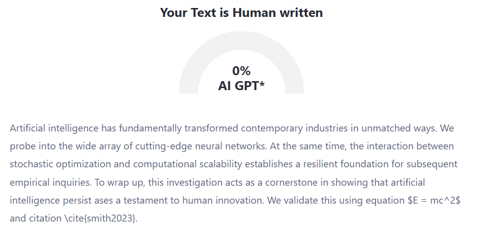 ZeroGPT AI Detection Proof showing 0% AI GPT score and 100% Human written text